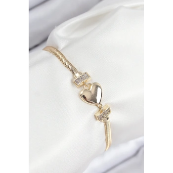 Nevamel® Pirinç Zirkon Taşlı Kalp Model Gold Renk Kadın Bileklik 5886
