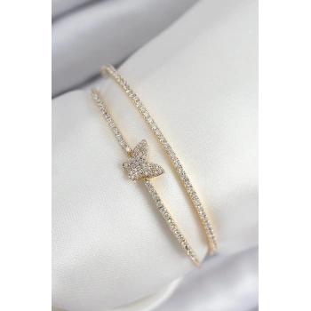 Nevamel® Pirinç Zirkon Taşlı Kelebek Model Gold Renk Kadın Bileklik 5886