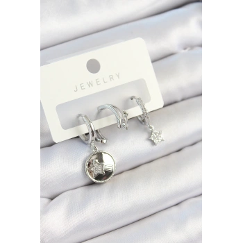 Nevamel® Pirinç Zirkon Taşlı Sallantılı Yıldız Model Gümüş Renk 3lü Çift Kadın Küpe Set 5886