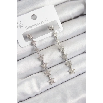 Nevamel® Pirinç Zirkon Taşlı Sallantılı Yıldız Model Gümüş Renk Kadın Küpe 5886