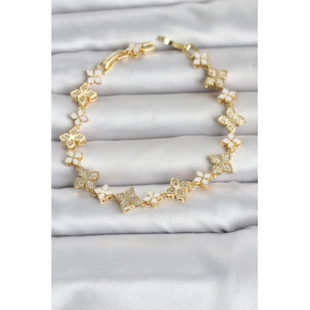 Nevamel® Pirinç Zirkon Taşlı ve Mineli Yonca Model Gold Renk Kadın Bileklik 5886