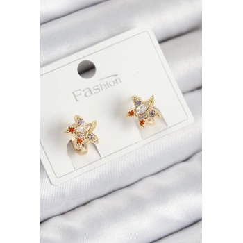 Nevamel® Pirinç Zirkon Taşlı Yıldız Model Gold Renk Çocuk Küpe 5886