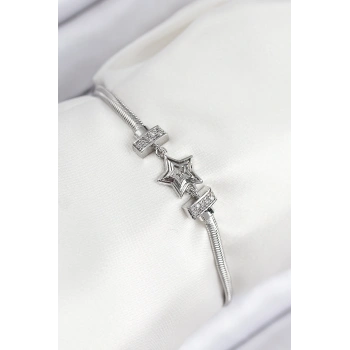 Nevamel® Pirinç Zirkon Taşlı Yıldız Model Gümüş Renk Kadın Bileklik 5886