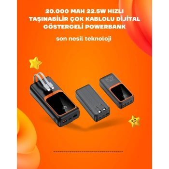 Nevamel Powerbank 20000 mAh | 22.5W Hızlı Şarj Dahili Kablolu LCD Ekranlı Şarj Cihazı