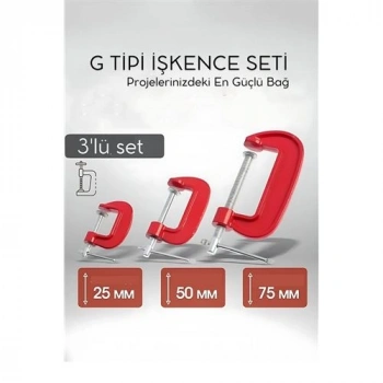 Nevamel® Profesyonel G Tipi İşkence Seti 3lü: 25-50-75 mm Döküm Metal Ağaç İşleme ve Montaj Kelepçesi Takımı