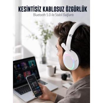 Nevamel® RGB Işıklı Mikrofonlu Bluetooth Kulaklık Beyaz Over-Ear Tasarım Type-C Şarjlı
