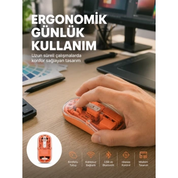 Nevamel® Şeffaf Kablosuz Mouse Bluetooth Bağlantılı Sessiz Tıklama Yeni Nesil