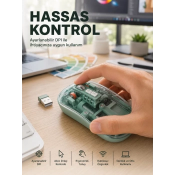 Nevamel® Şeffaf Tasarımlı Bluetooth Kablosuz Mouse Pilli Kullanım Yeni Nesil