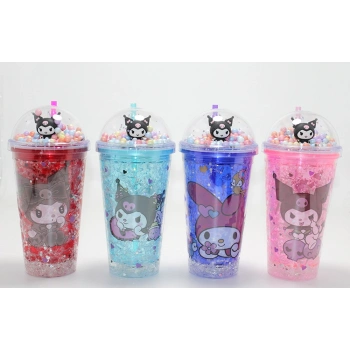 Nevamel® Sevimli Kuromi Işıklı Pipetli Boncuklu Suluk Bardak 400 ml