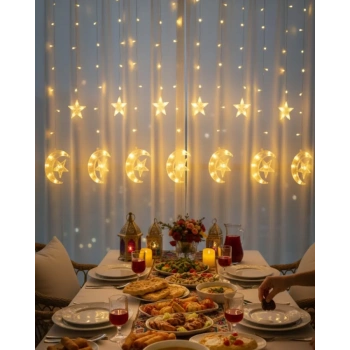 Nevamel® Sıcak Beyaz Ay Yıldız Işık Zinciri Parti Düğün Ramazan Dekoru