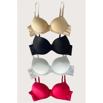 Nevamel® Siyah-Beyaz-Kırmızı-Ten 4Lü Dolgulu Push Up Micro Balenli Günlük Tek Destekli Sütyen