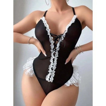 Nevamel® Siyah Dantel İşlemeli Sırt Dekolteli Fantezi Body