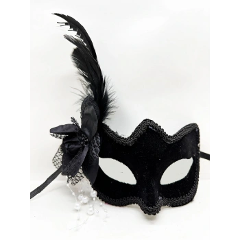 Nevamel Siyah Süet Yandan Tüylü İncili Parti Maskesi