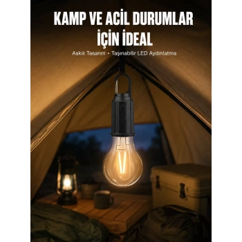 Nevamel® Taşınabilir Askılı Ampul Kamp Lambası Askılı Type-C Şarjlı Bahçe Lambası