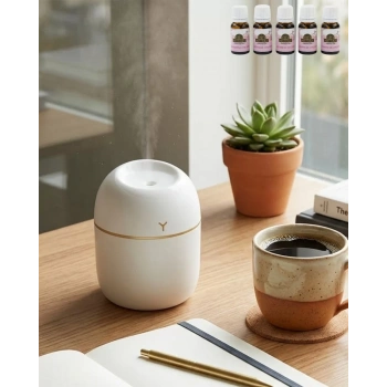 Nevamel® Taşınabilir Mini Nemlendirici 5 Esans Hediyeli Sessiz LED Işıklı Difüzör