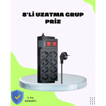 Nevamel® Termal Korumalı 8 Prizli 3 USB’li Uzatma Kablosu
