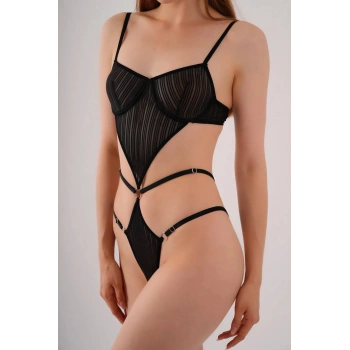Nevamel® Transparan Siyah Dekolteli Balenli Fantazi İç Giyim Body TM1408