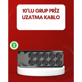 Nevamel® USB Type-C Destekli 10’lu Grup Priz Termal Korumalı 2m Kablo 2500W