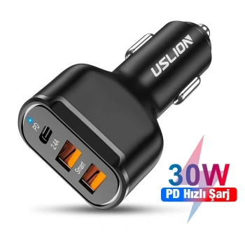 Nevamel USLİON 30W 2 USB + Type-C Girişli QC3.0 Hızlı Araç Çakmaklık Şarjı-(5775)