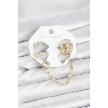 Nevamel® Uzay Model Pirinç Gold Renk Zincir Bağlantılı Ear Cuff Küpe Seti 5886