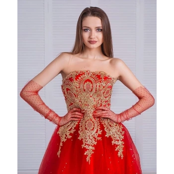 Nevamel Uzun Boy Kırmızı Puantiyeli Kırmızı Renk Yetişkin Tül Eldiven