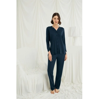 Nevamel® Uzun Kollu Boydan Düğmeli V Yaka Pijama Takımı