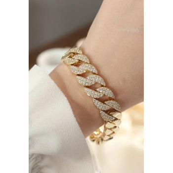Nevamel® Vip Seri Pirinç Ortası Zirkon Taşlı Gold Renk Gurmet Bileklik 5886