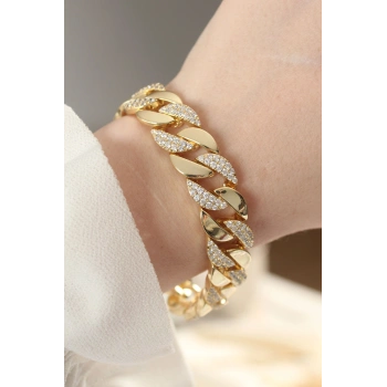 Nevamel® Vip Seri Pirinç Zirkon Taşlı Gold Renk Gurmet Bileklik 5886