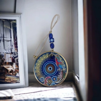 Nevamel Yaldızlı Bülbül Kuşlu Çicekli Nazar Boncuklu Duvar Süsü Camlı Duvar Dekoru