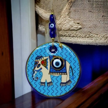 Nevamel Yaldızlı Fil Modelli Nazar Boncuklu Duvar Süsü Mavi Camlı Duvar Dekoru