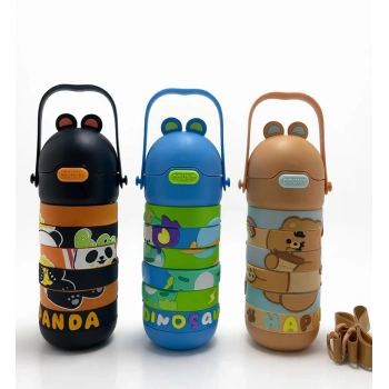 Nevamel®  Yapboz Tasarımlı Çocuk Termosu - Paslanmaz Çelik Pipetli Ve Askılı Matara Alk4653