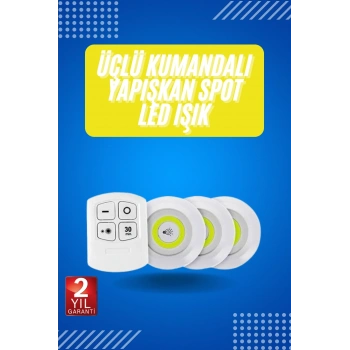 Nevamel Yapışkanlı 3lü Spot Led Işık Lamba Montajsız Pilli Uzaktan Kumandalı