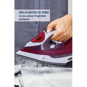 Nevamel Yeni Nesil Kırmızı Buharlı Ütü 2200 Watt Seramik Tabanlı Yüksek Buhar Gücü
