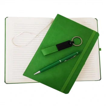 Nevamel Yeşil Termo Deri Defter, Kalem ve Anahtarlık Seti