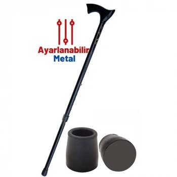 Nevamel® Yükseklik Ayarlanabilir SİYAH Metal Baston - 7 Kademe Ayarlı Ergonomik Denge Desteği + 2 Yedek Uç