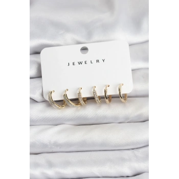 Nevamel® Zirkon Taşlı Gold Renk Pirinç Kadın Küpe Seti 5886