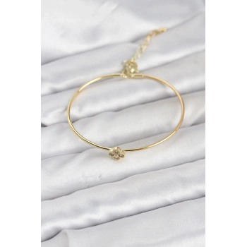Nevamel® Zirkon Taşlı Yonca Model Gold Renk Kadın Bileklik 5886