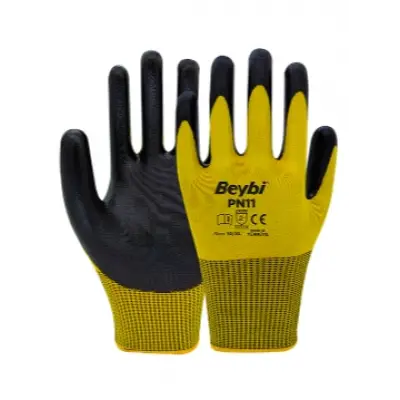 Beybi PN11 Polyester Örme Nitril Eldiven Sarı-Siyah