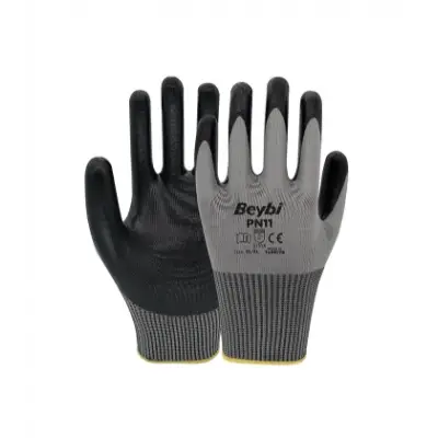 Beybi PN11 Polyester Örme Nitril Eldiven Gri-Siyah