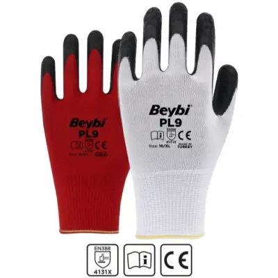 Beybi PL9 Polyester Örme Lateks Eldiven Beyaz/ Kırmızı