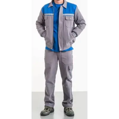 İş Takımı Gri Saks Mavi Robalı 7/7 Gabardin Kapitoneli Reflektörlü %100 Pamuk
