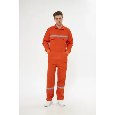 Orange Safety Bütün İş Tulumu Turuncu 16/12 Gabardin %100 Pamuk Reflektörlü