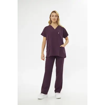 Orange Safety V Yaka Treecotton Mürdüm Rengi Hemşire Takım Scrubs Forma