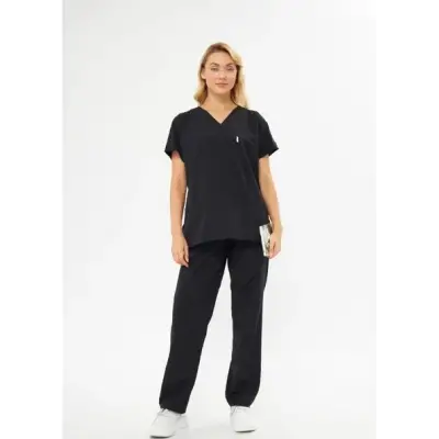 Orange Safety V Yaka Treecotton Siyah Hemşire Takım Scrubs Forma