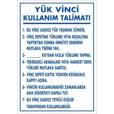 Pvc Levha Yük Vinci Kullanım Talimatı 35*50-50*70-70*100 cm