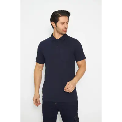 T-shirt Polo Yaka Kısakol %100 Pamuk Cepli Lacivert