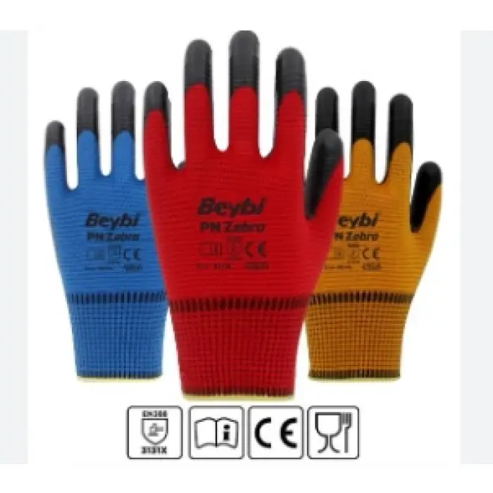 BEYBİ PN3 Zebra Polyester Örme Nitril Eldiven (Kırmızı-Mavi-Turuncu)