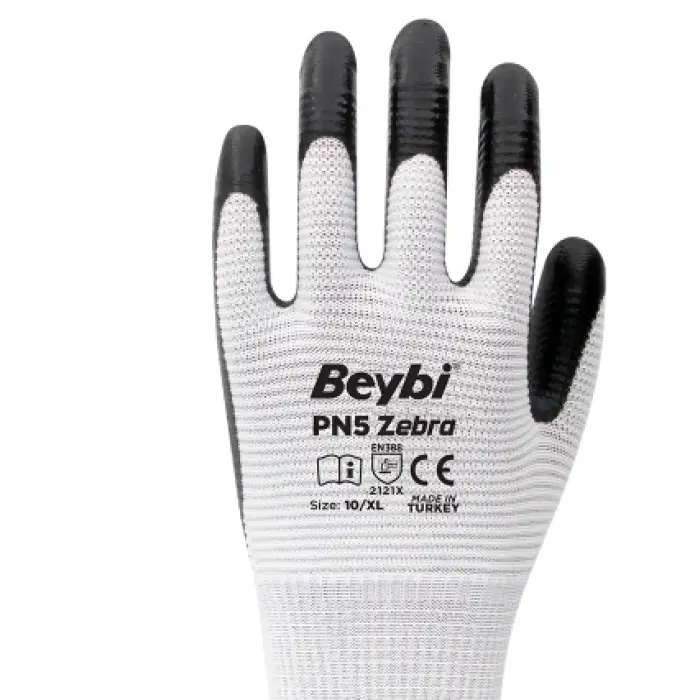 Beybi Pn5 Zebra Beyaz Polyester Örme Nitril Eldiven