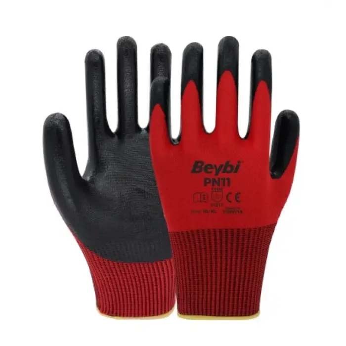 Beybi PN11 Polyester Örme Nitril Eldiven Kırmızı-Siyah