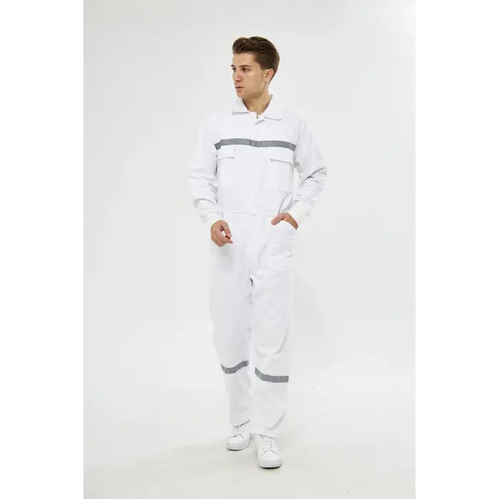 Mervem Beyaz Reflektörlü Pamuk İş Tulumu